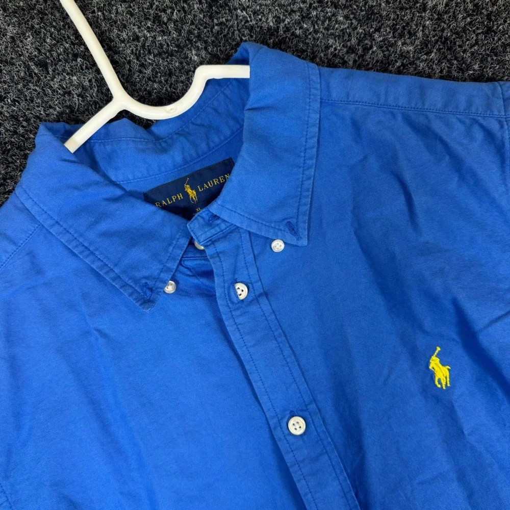 Ralph Lauren Boy XL 18-20 Blue Short Sleeve Button Down Shirt Yellow Pony Cotton